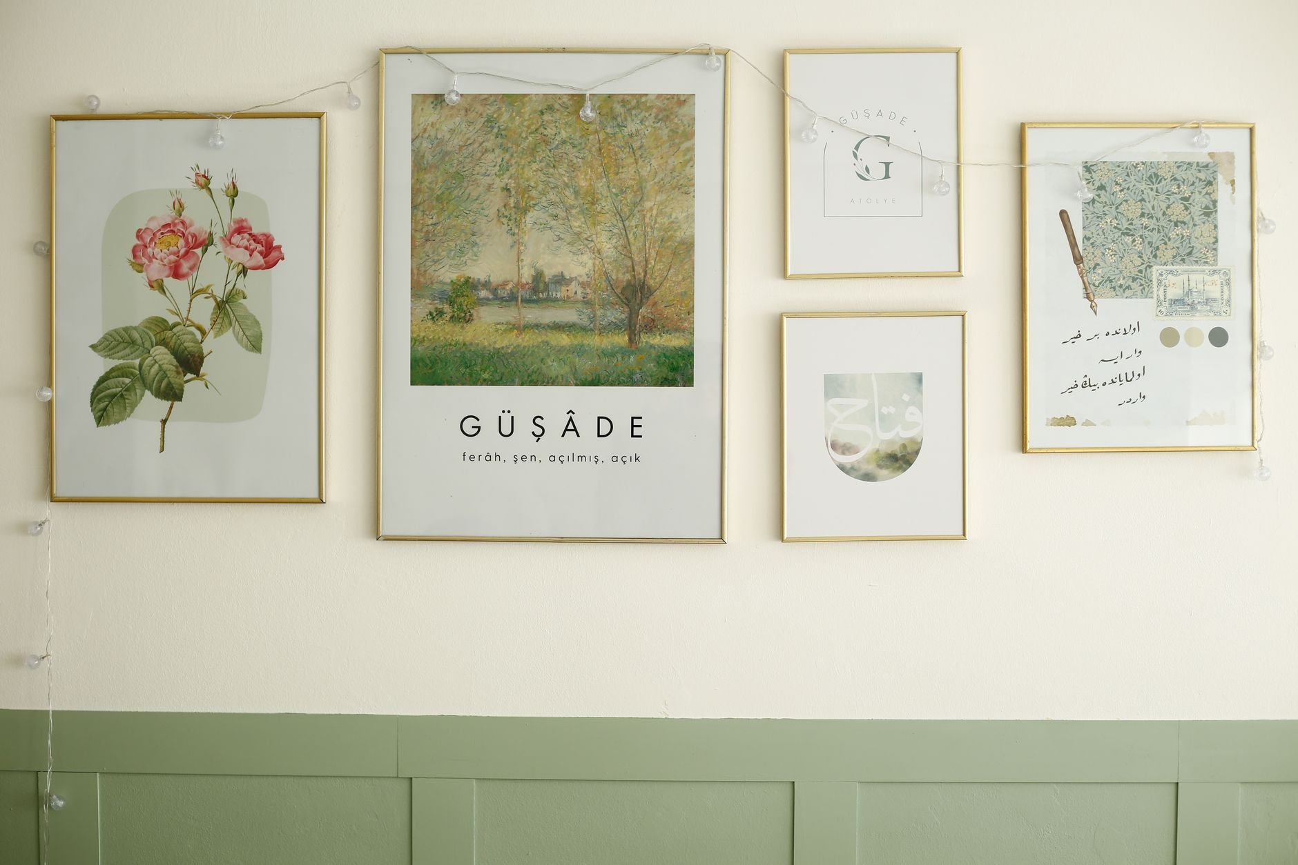 Artistic gallery wall featuring a mix of botanical and abstract framed prints
